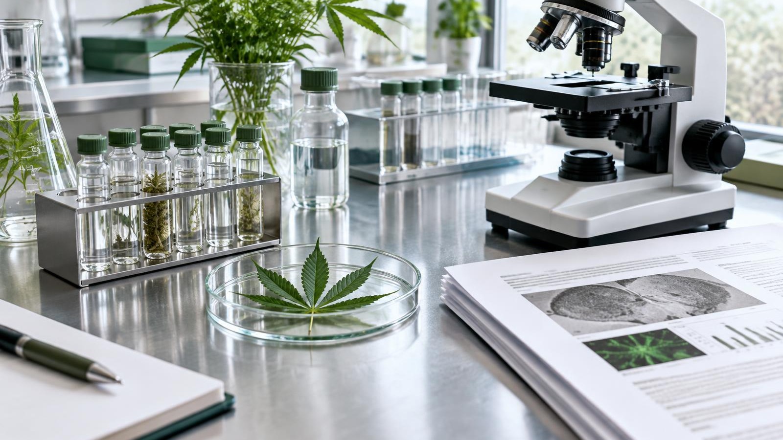 A microscope, sample vials and research papers on a bright laboratory bench