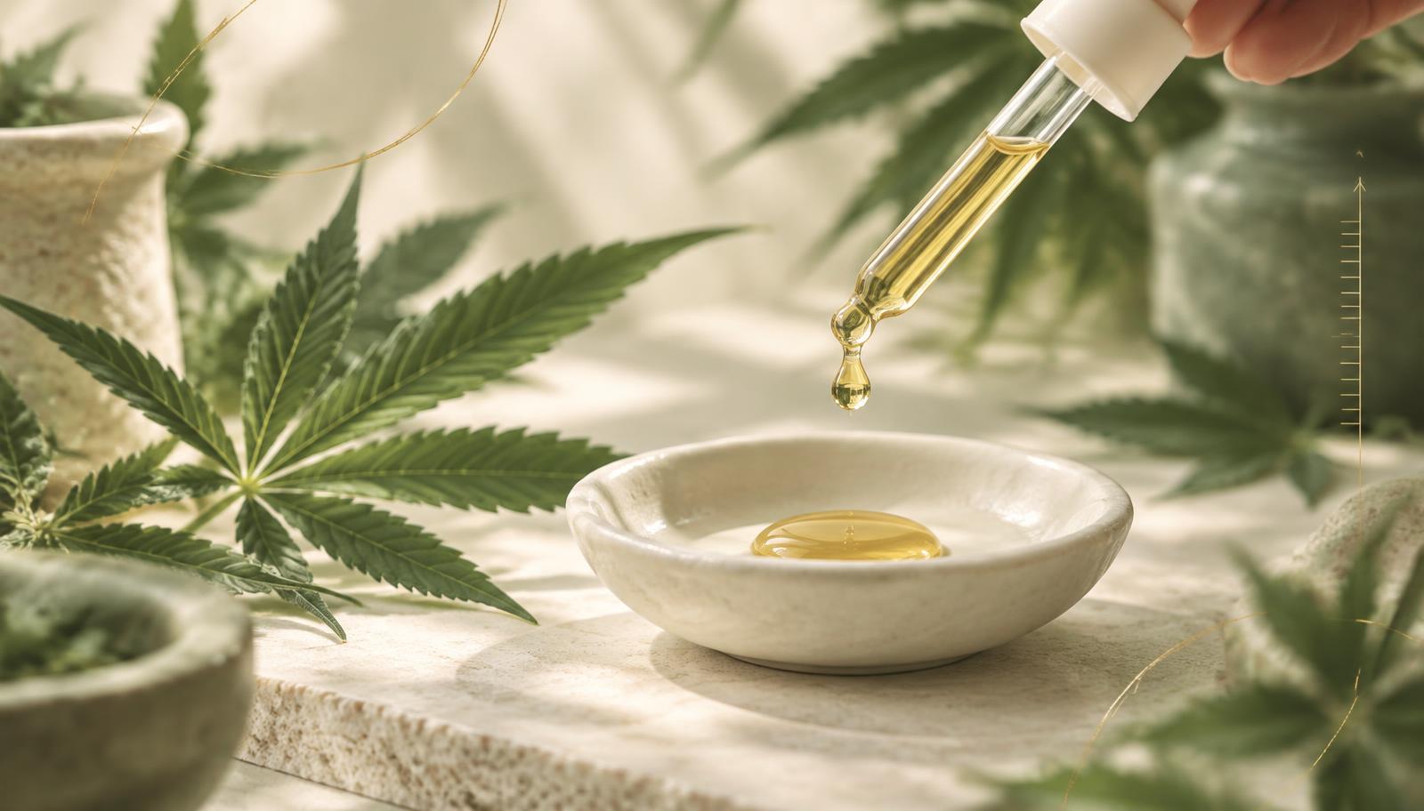 A dropper of golden CBD oil above a small ceramic dish