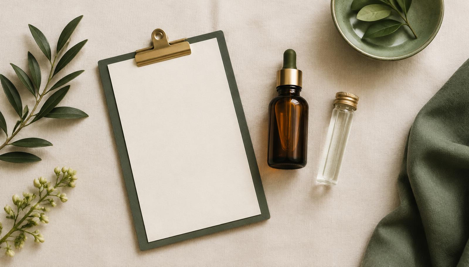 An amber CBD bottle beside a clipboard and a clear lab sample vial on ivory linen