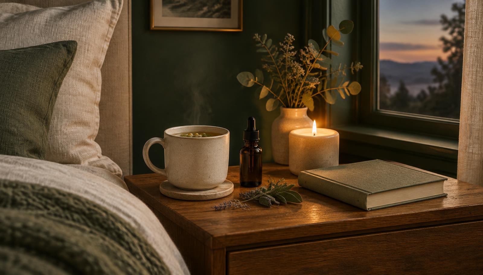 A cozy evening bedside table with tea, a candle and a bottle of CBD oil