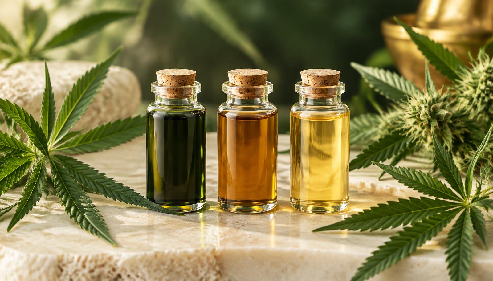 Three glass vials of hemp oil from dark green to amber to light gold among hemp leaves