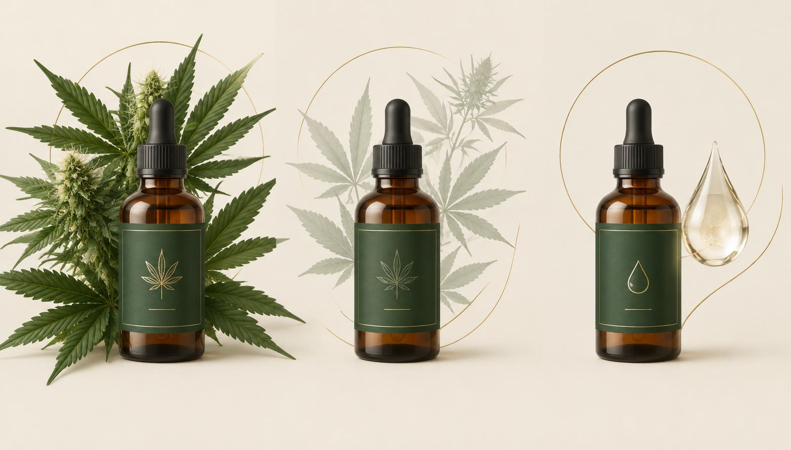 Three amber tincture bottles representing full spectrum, broad spectrum and isolate CBD