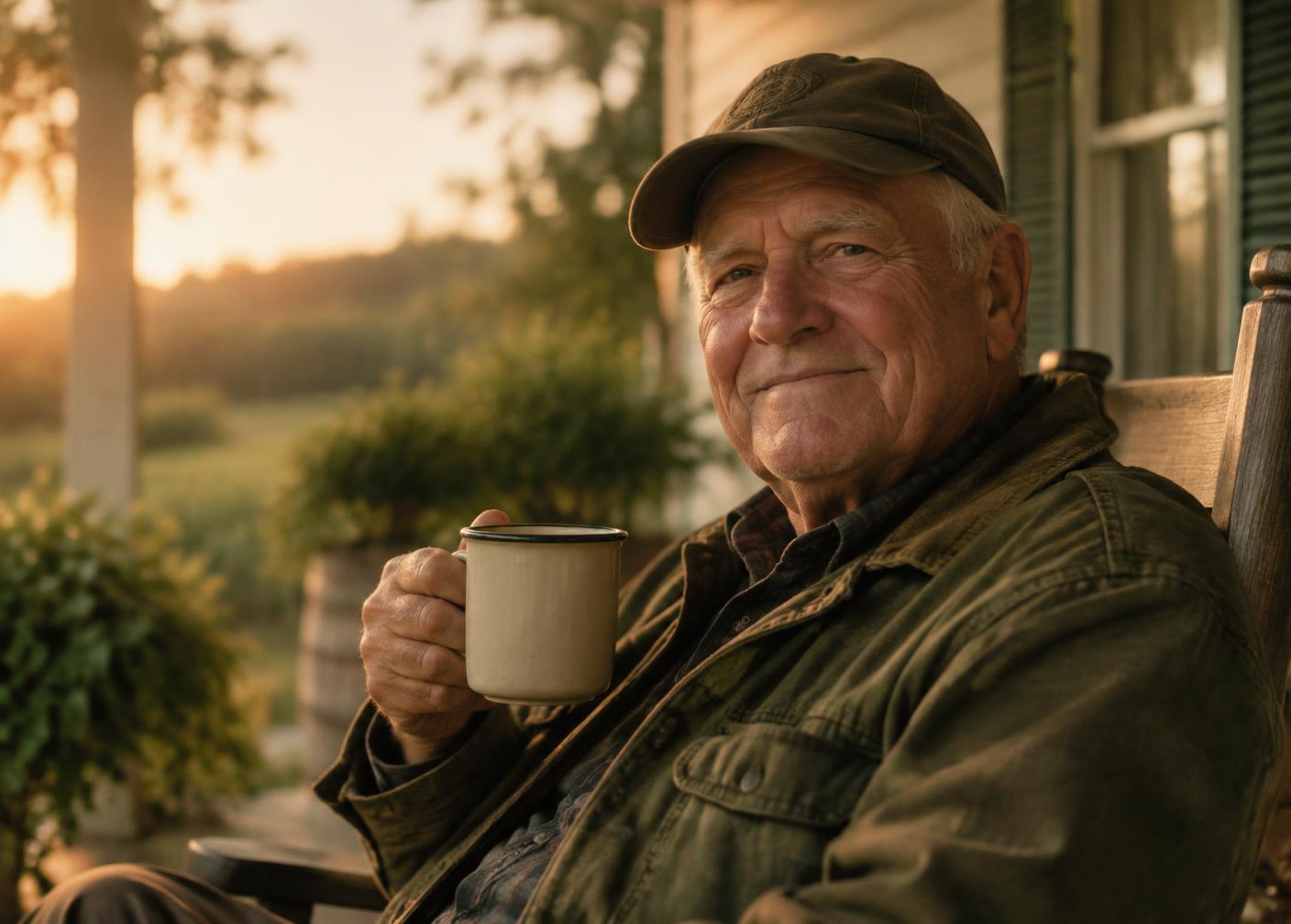 Smiling older veteran holding a mug on a porch at golden hour